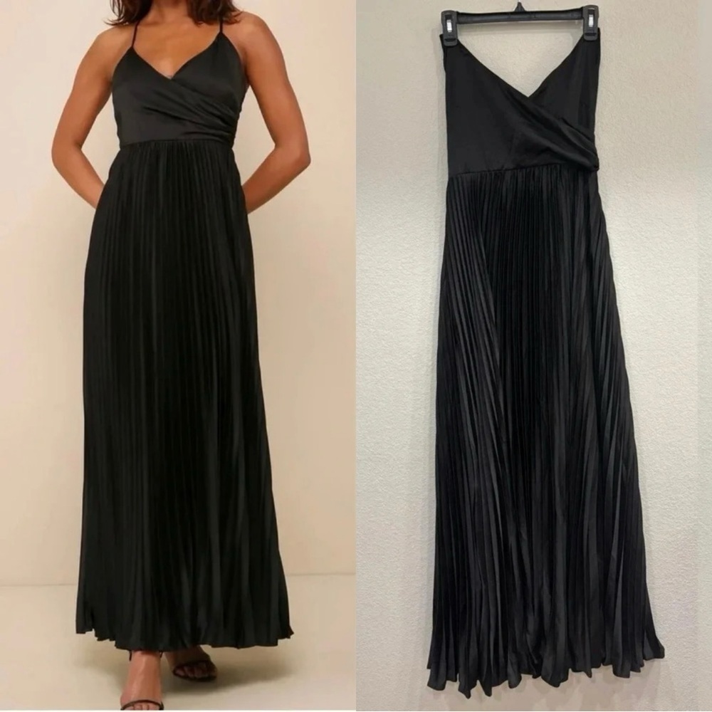 NWOT Lulus Precious Sentiments Black Satin Pleated Tie-Back Maxi Dress